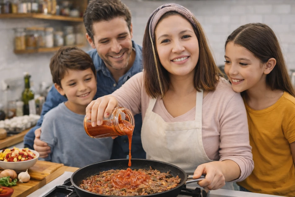 Chef Laura Bennett with family in kitchen-bitebliss