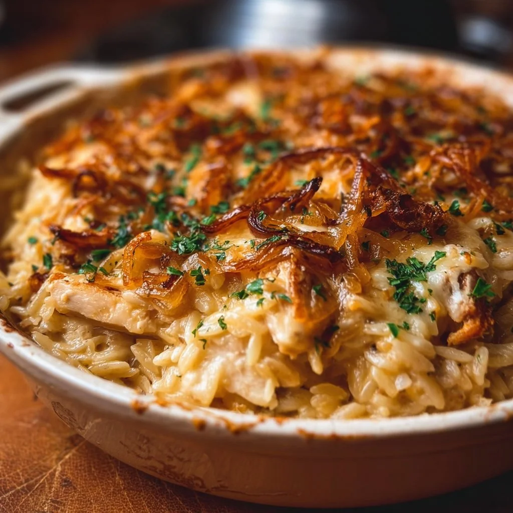 French Onion Chicken Orzo Casserole