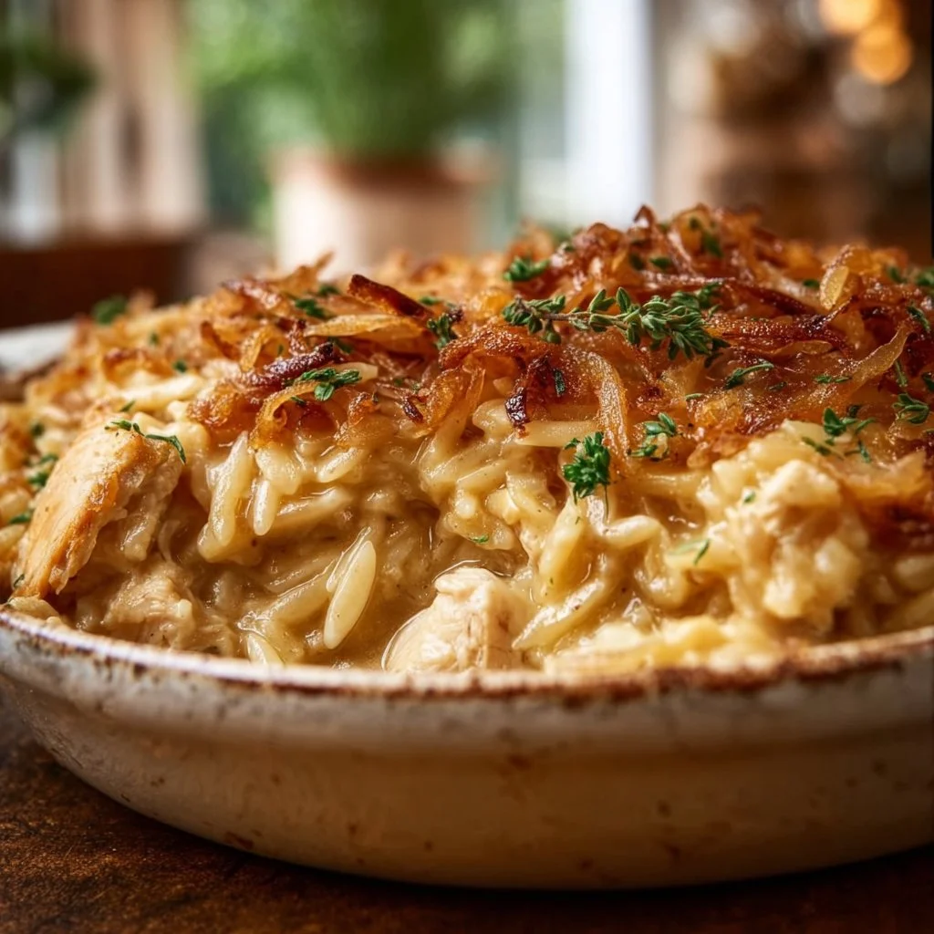 French Onion Chicken Orzo Casserole