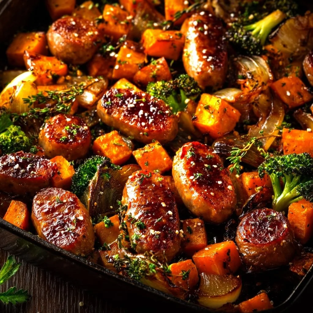 Honey Garlic Sausage and Sweet Potato Sheet Pan Dinner