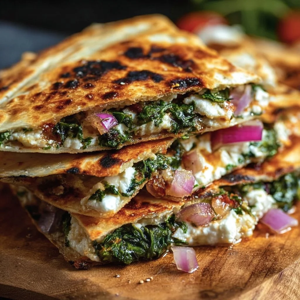 Mediterranean Quesadillas with Spinach, Feta, Mozzarella, and Red Onion