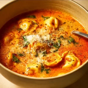 A bowl of Parmesan Tomato Tortellini Soup garnished with herbs and cheese.